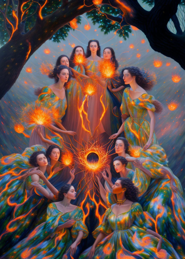 Ethereal women in flowing dresses with fiery orbs by mystical glowing tree