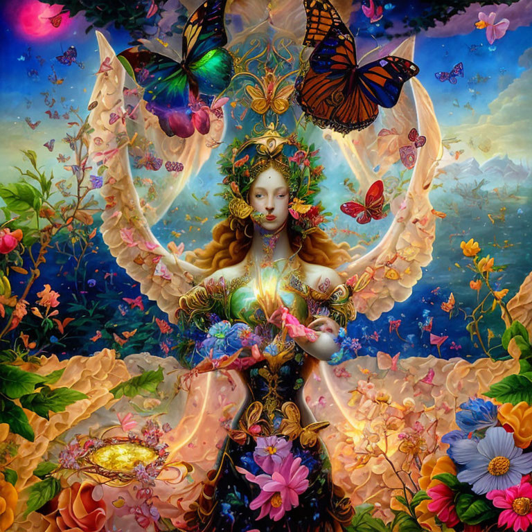 Fantasy-themed digital art: Woman with butterfly wings among colorful flowers