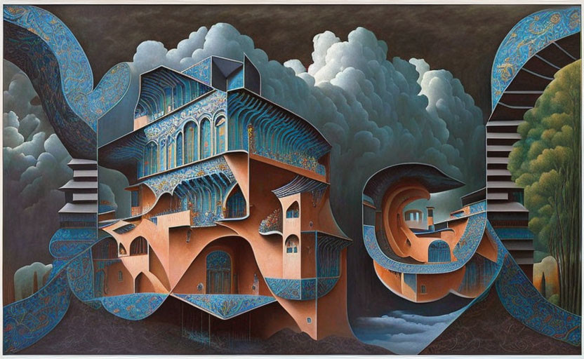 Surreal painting of intricate blue patterns on architectural structure with swirling clouds and tree silhouettes