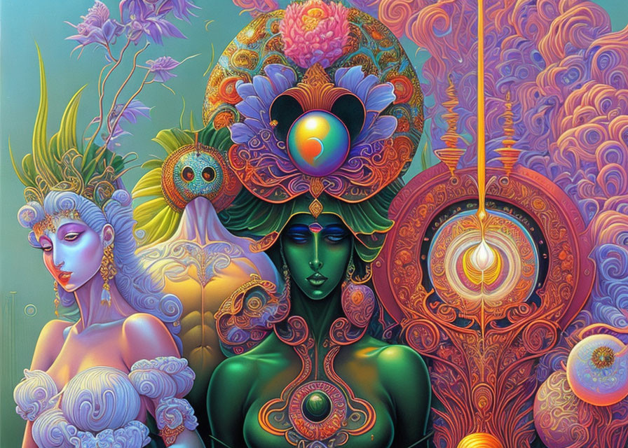 Colorful Psychedelic Illustration of Serene Female with Green Skin