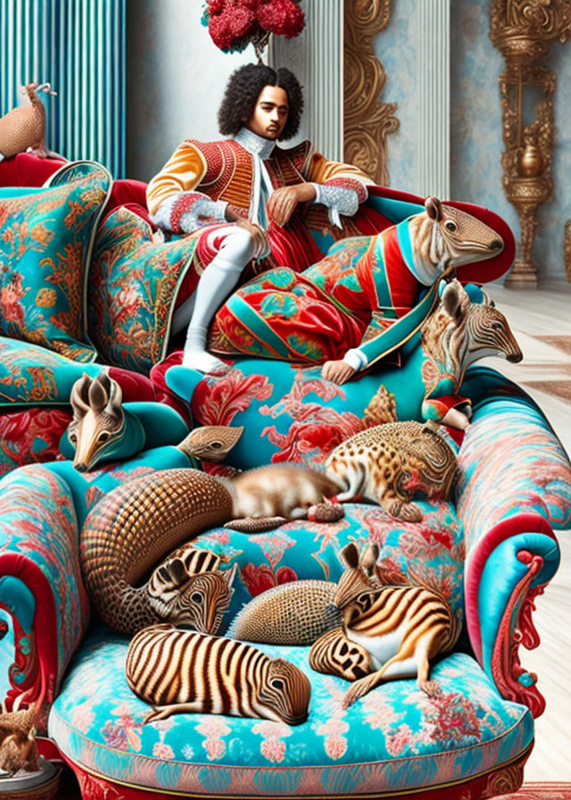 Historical costume figure on floral sofa with realistic animal sculptures