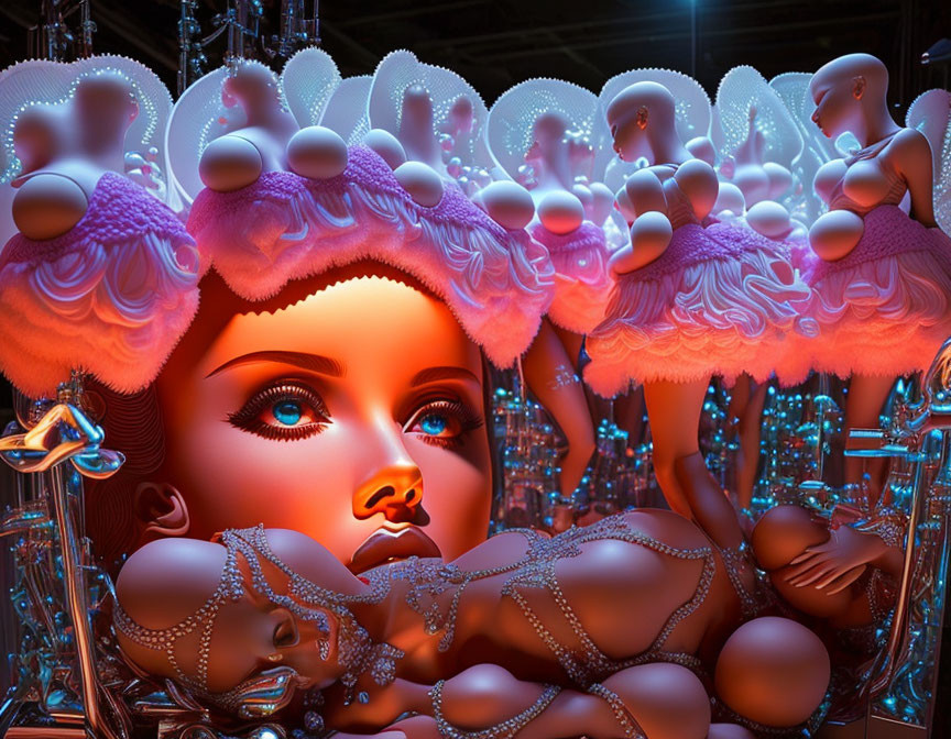 Surreal Artwork: Giant Blue-Eyed Face & Jellyfish Headdresses in Futuristic