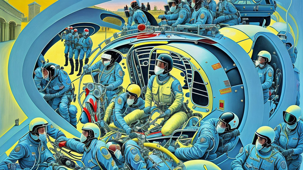 Detailed illustration of astronauts in blue suits inside a crowded spacecraft