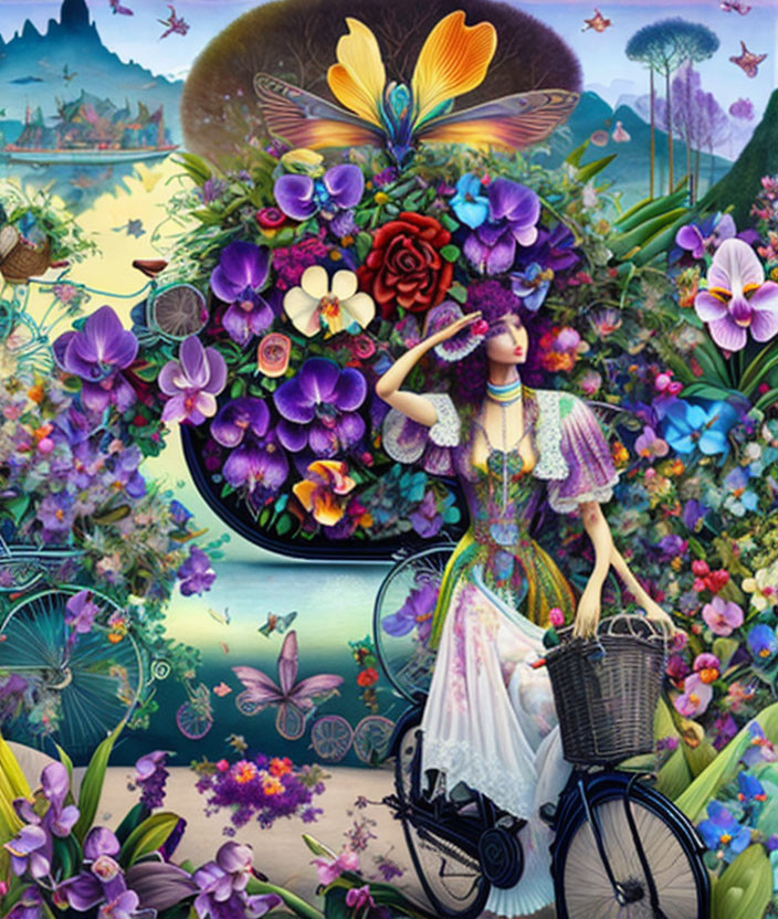 Vibrant artwork: Woman on vintage bike with oversized flowers and butterfly