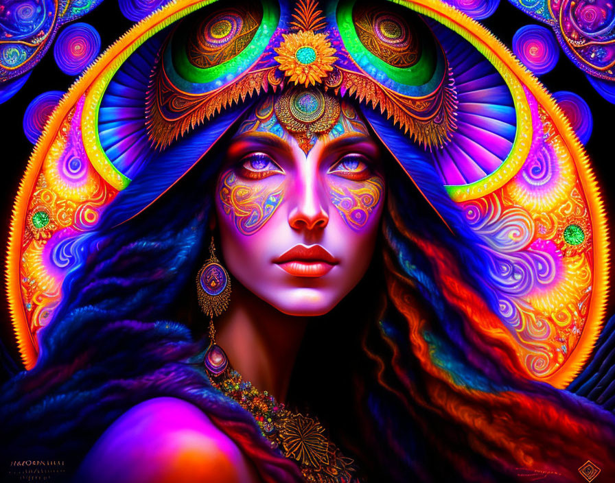 Colorful digital artwork of woman with intricate patterns and jewelry on face against ornate background