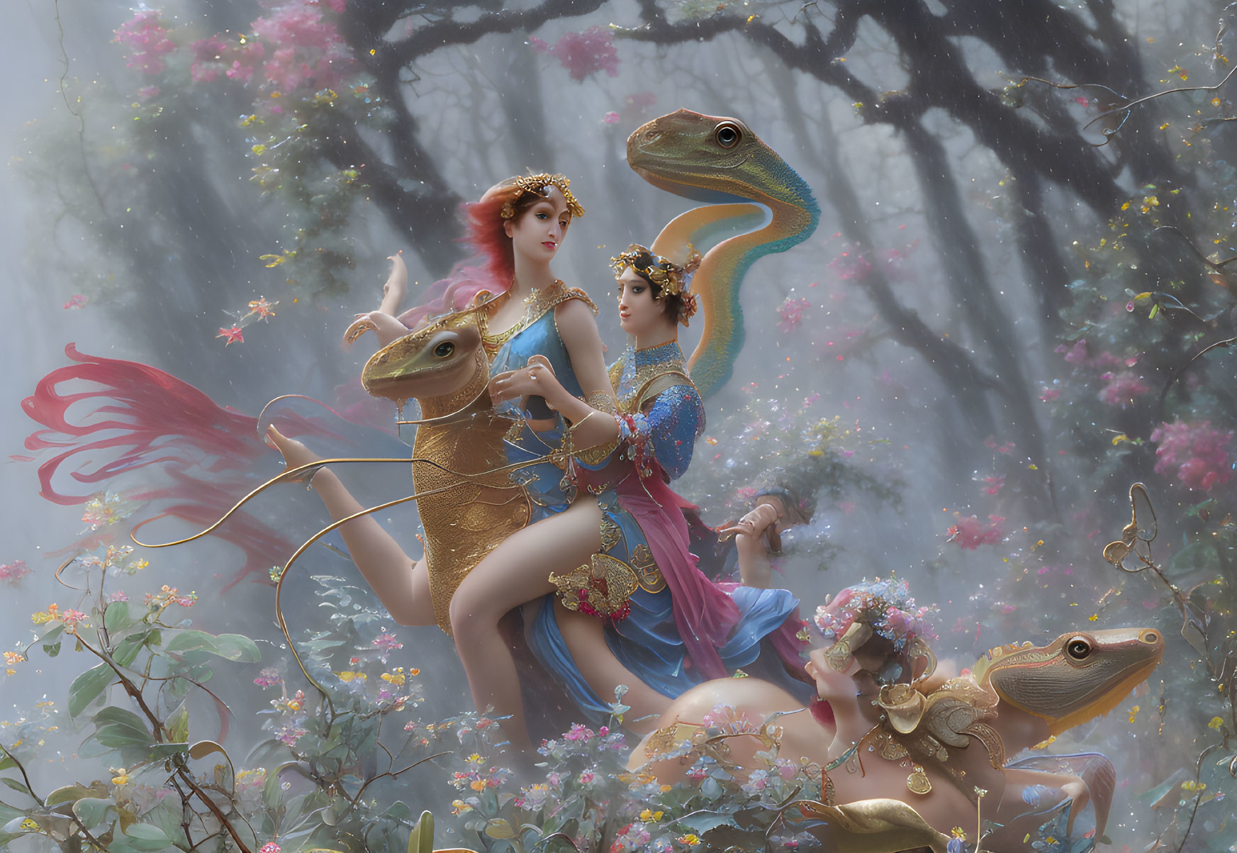 Three women in elaborate costumes riding lizard-like creatures in misty forest.