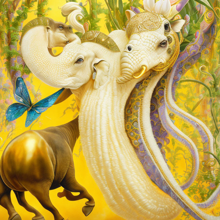 Colorful Artwork: Golden Elephants and Blue Butterfly on Yellow Floral Background