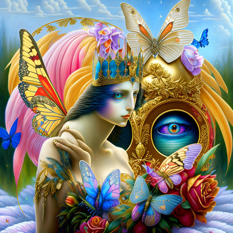 Fantastical Artwork: Female Figure with Butterfly Wings and Floral Crown in Eye-themed Scene