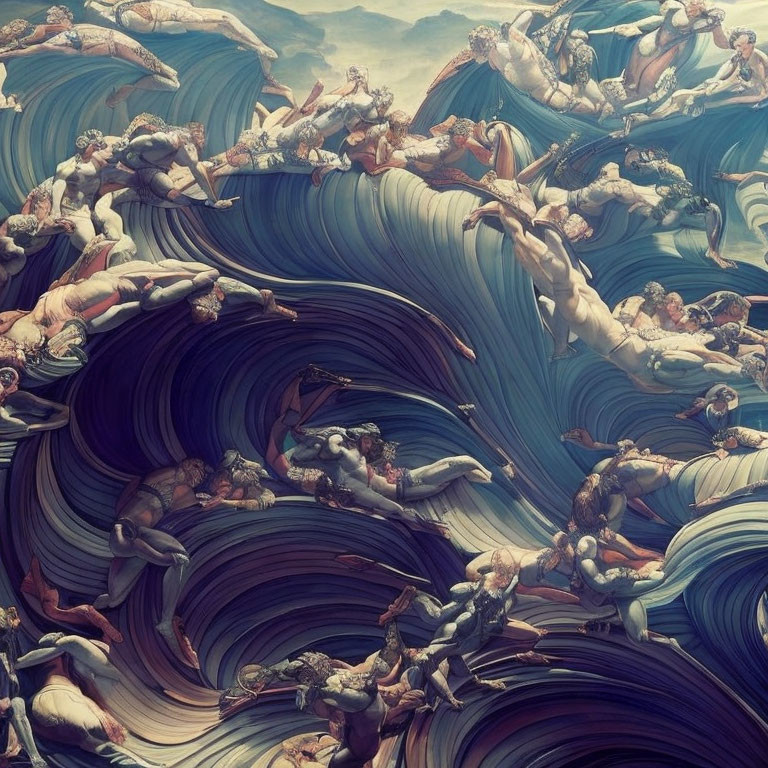 Surreal painting of figures intertwined with swirling waves