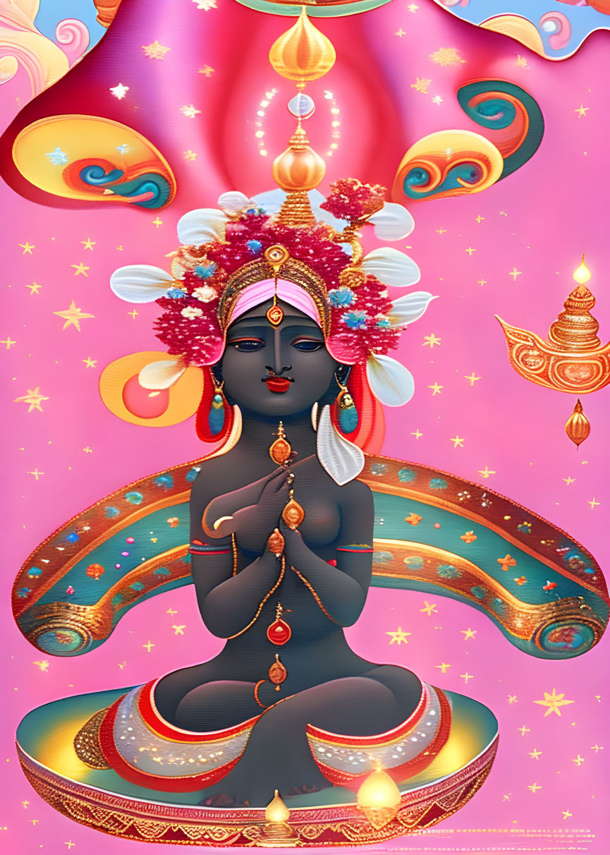 Blue-skinned deity in lotus position with four arms, adorned with gold, against pink sky