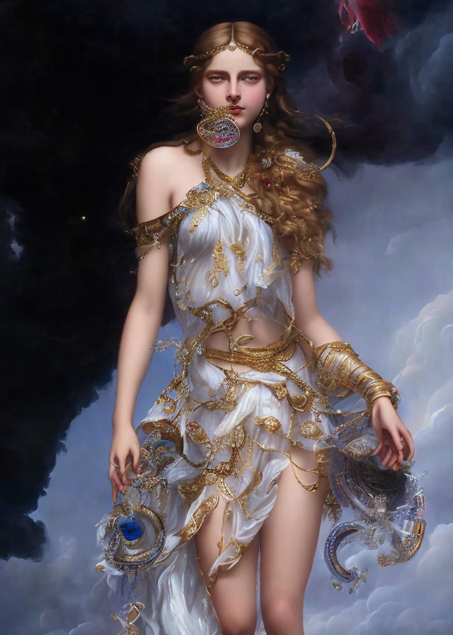 Ethereal female figure in white and gold gown with ornate jewelry