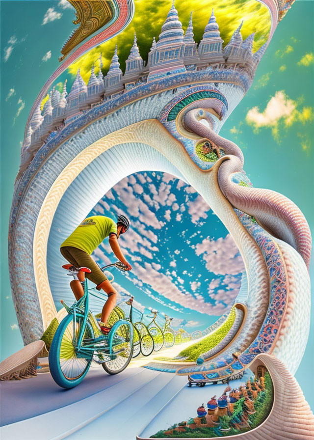 Surreal cyclist on Möbius strip path with serpentine creatures and temples