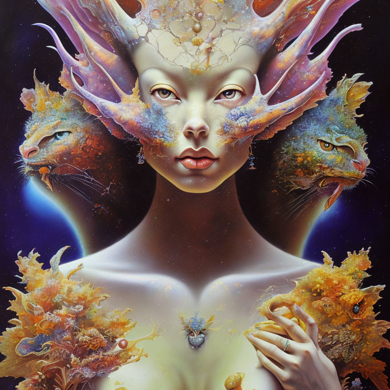 Vibrant surreal portrait of woman with lion headpiece in cosmic setting