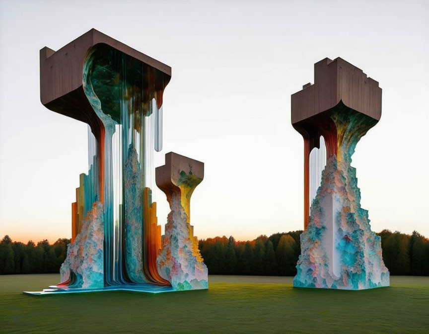 Surreal artwork of massive concrete structures on colorful flowing textures