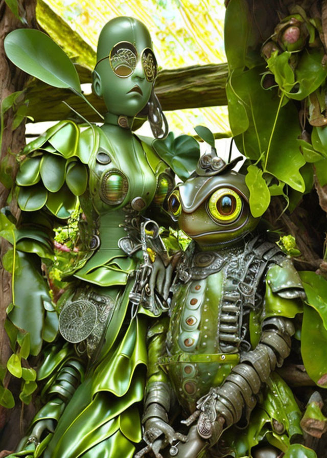 Steampunk-style humanoid and frog-like figures in lush setting