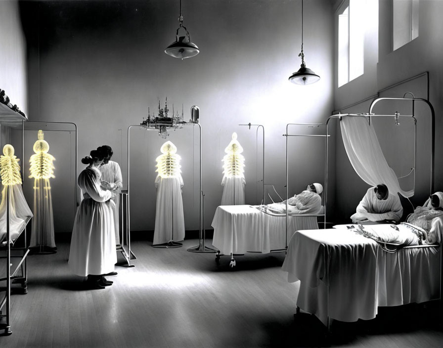 Vintage hospital ward with patients and glowing skeletons superimposed