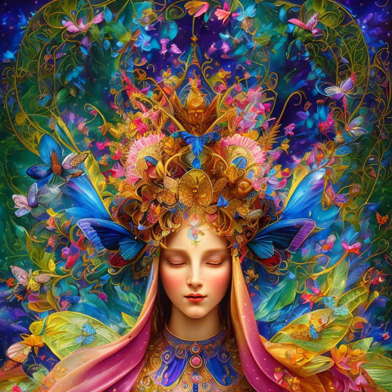 Colorful illustration of serene woman with floral headdress in mystical setting