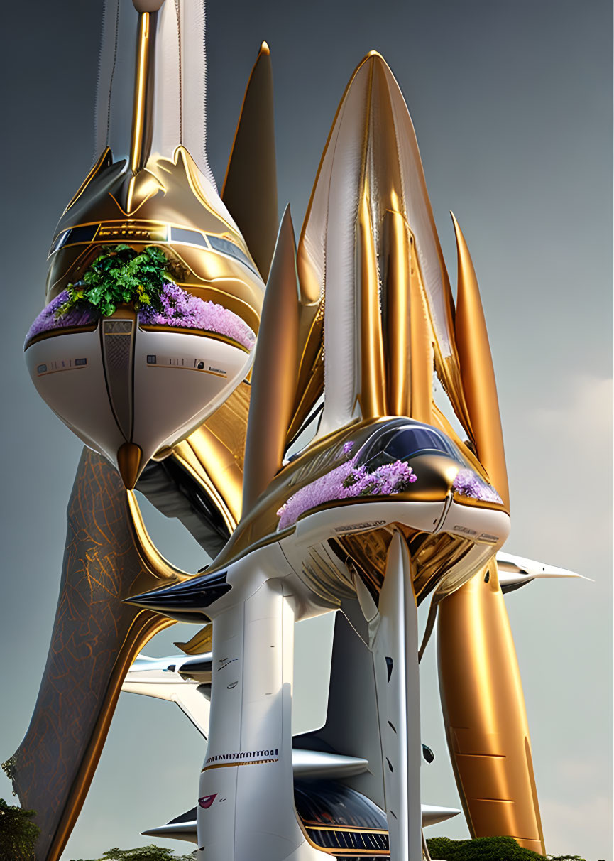 Futuristic golden towers with organic shapes and greenery, connected by tubular bridges