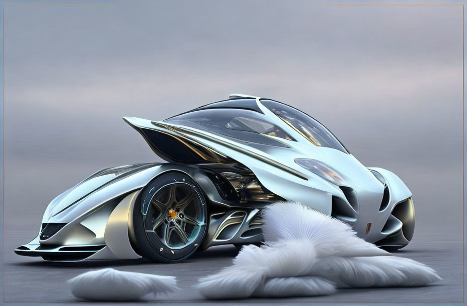 Sleek Silver Sports Car on Gray Surface with Feathers