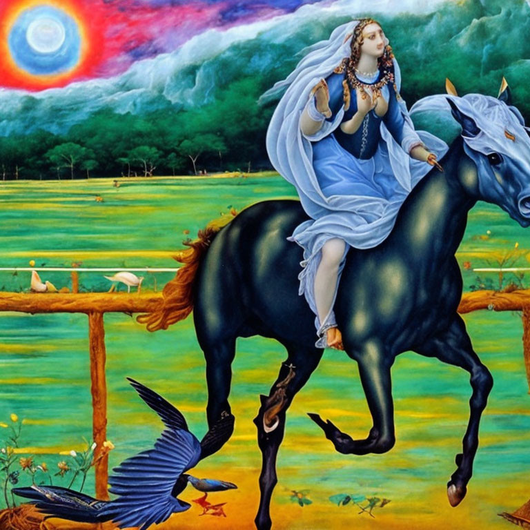 Long-haired woman in blue dress rides black horse in grassy field with animals and bird.