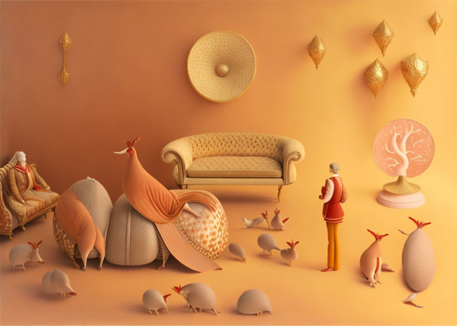 Surreal Room with Anthropomorphic Snails and Tree-Like Lamp