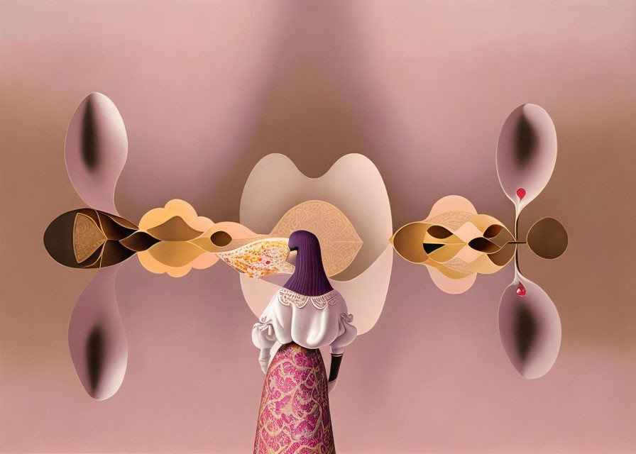 Surreal purple cloaked figure with floral pattern amidst abstract paper art shapes on pink backdrop