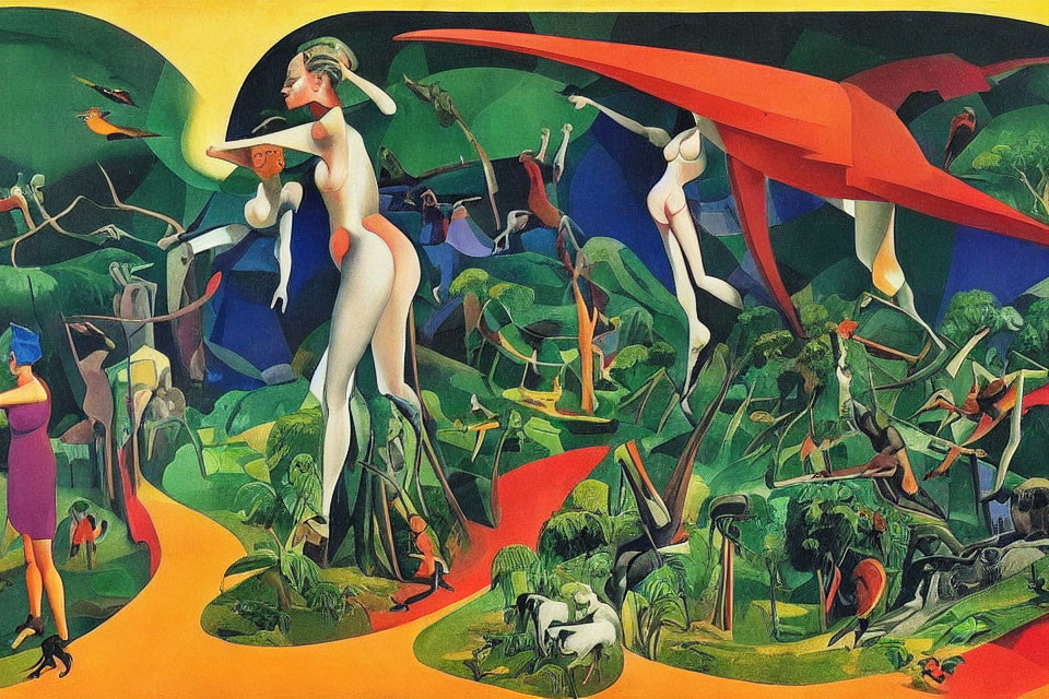 Colorful Surrealist Painting with Oversized Nude Figures in Dynamic Poses