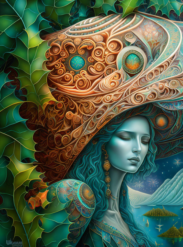 Intricate illustration of woman with turquoise skin and golden headwear in starry sky.