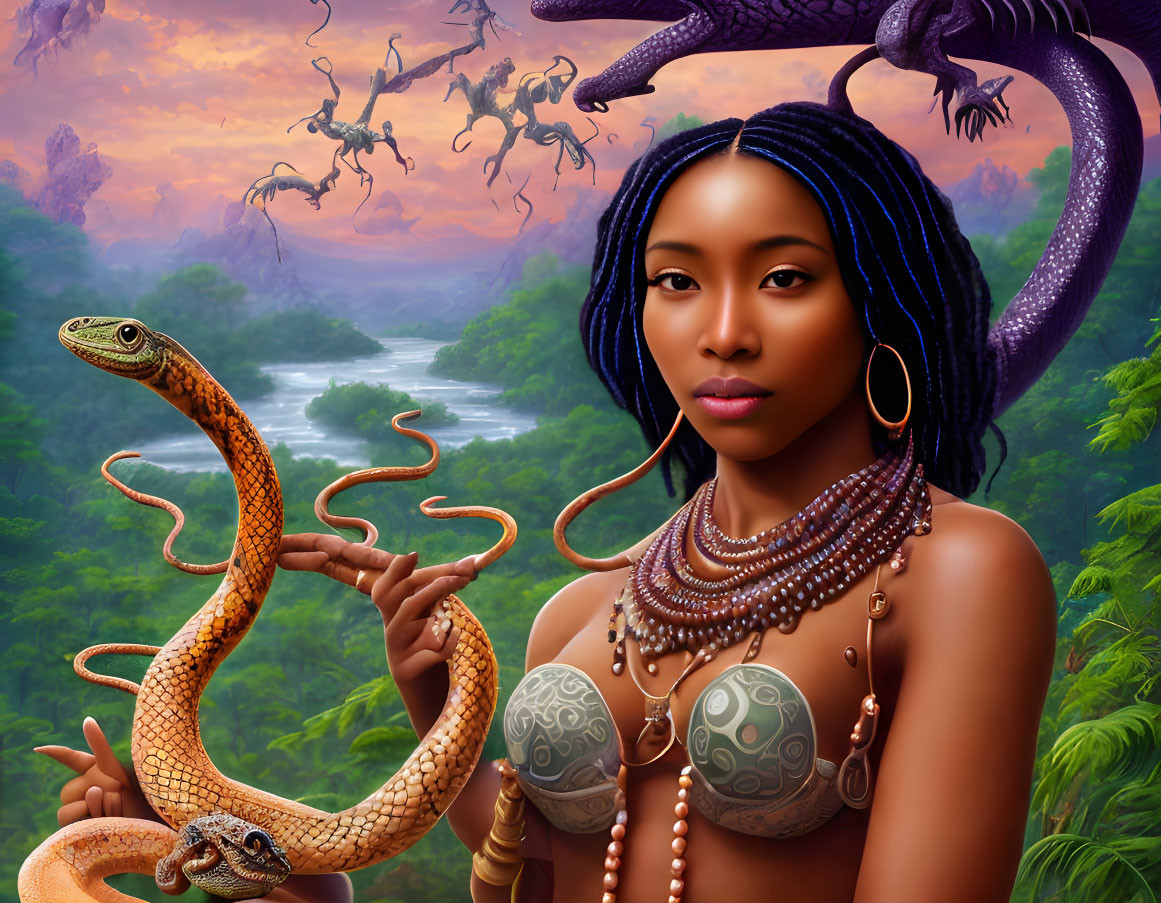 Woman with Blue Braids Holding Snake in Fantastical Jungle with Dragons