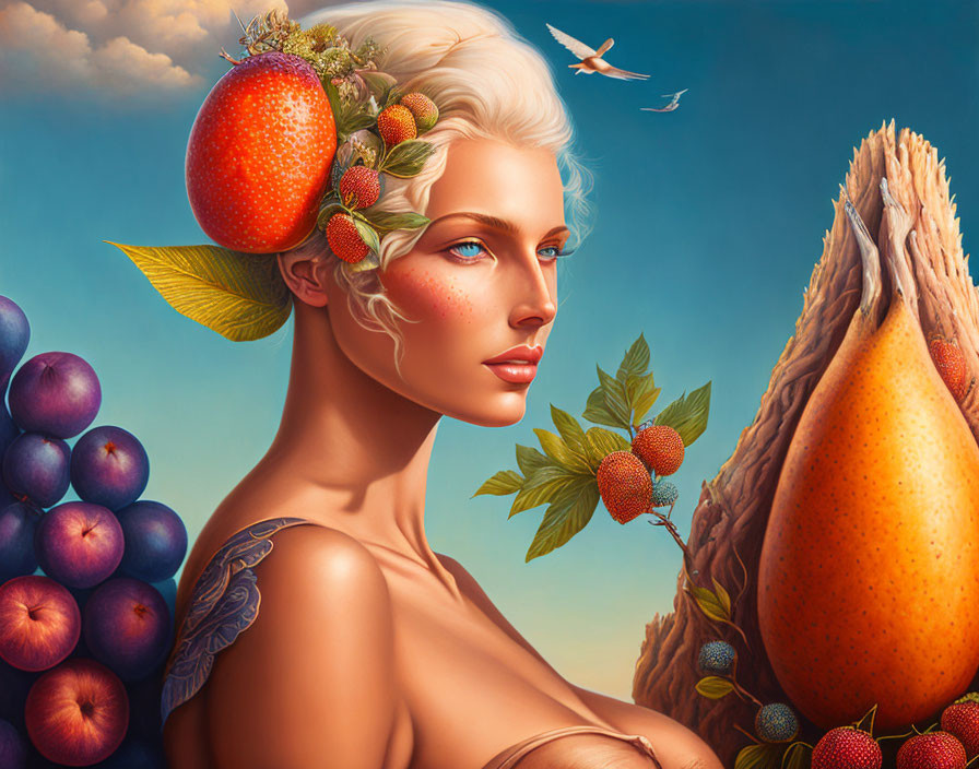 Surreal portrait of woman with fruits, leaves, bird, vibrant sky