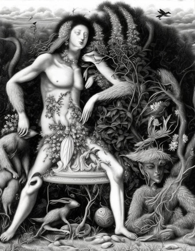 Detailed black and white illustration of nude woman in foliage with mythical creatures