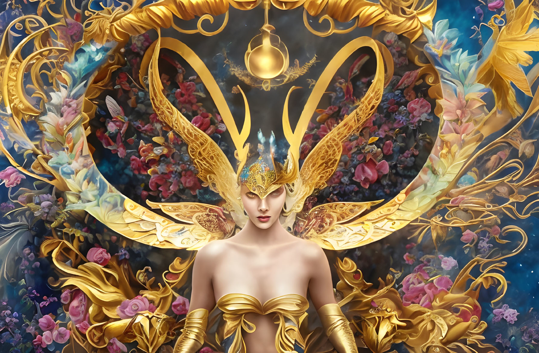 Golden antler-like headdress on ethereal figure with ornate wings and floral patterns