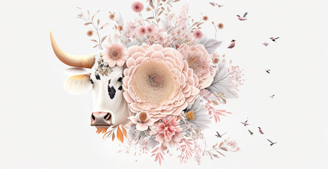 Cow surrounded by pink flowers and birds on white background