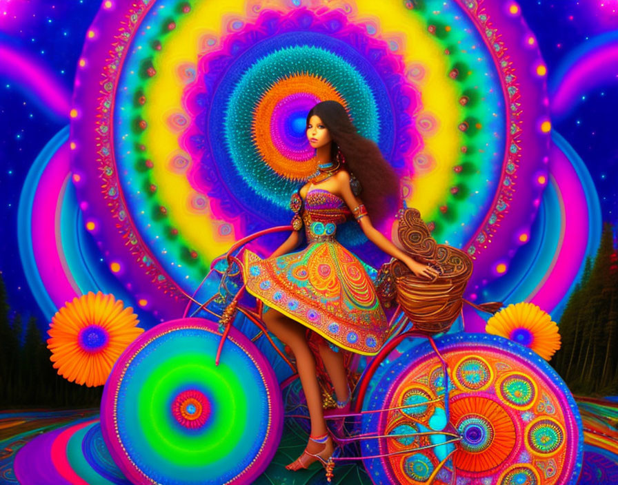 Colorful digital artwork of a woman with long hair on a carriage