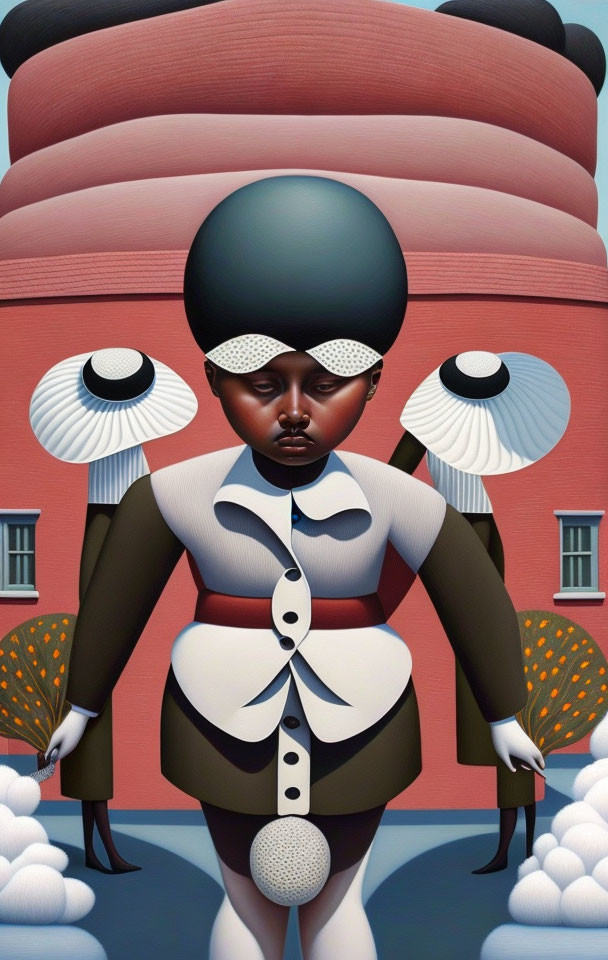 Surreal illustration of stylized human figure and eye-like structures