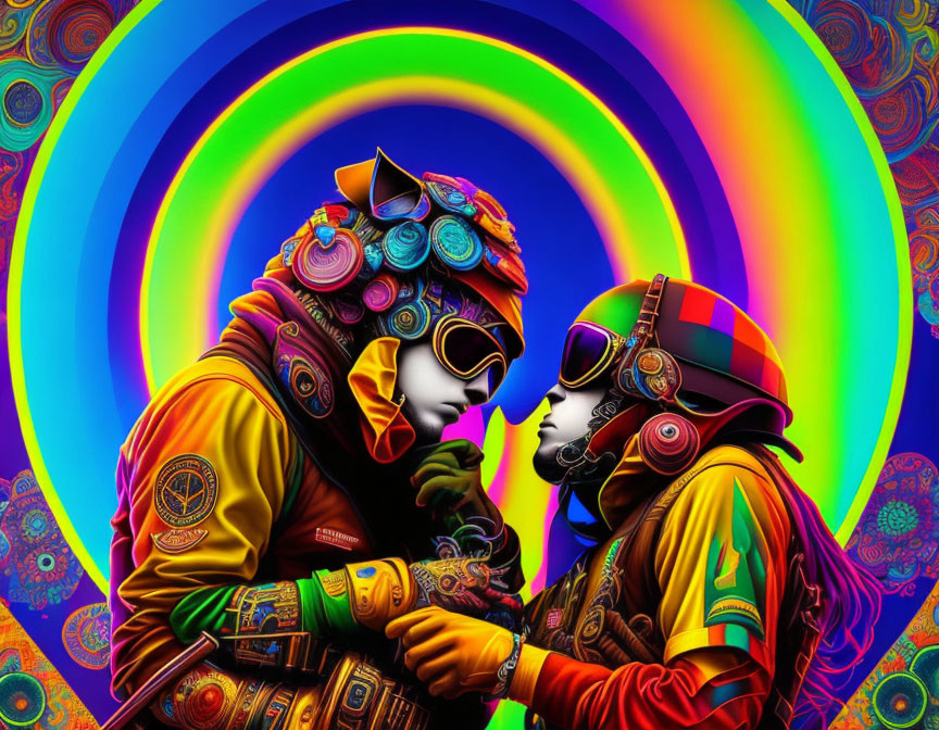 Two individuals in colorful outfits with hats and goggles touching foreheads against a psychedelic rainbow circles background