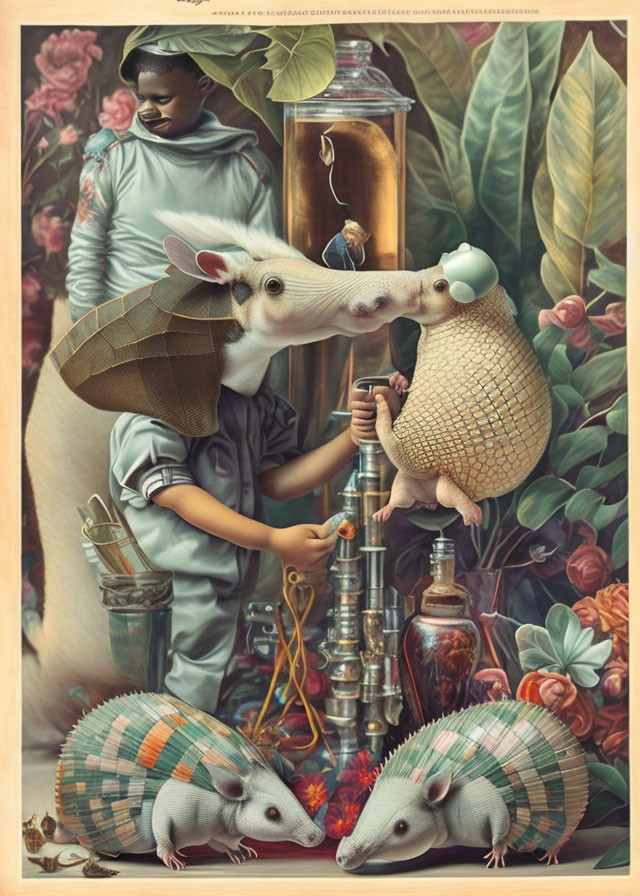 Surreal artwork with shrouded figure, quirky rodents, and hookah in lush setting