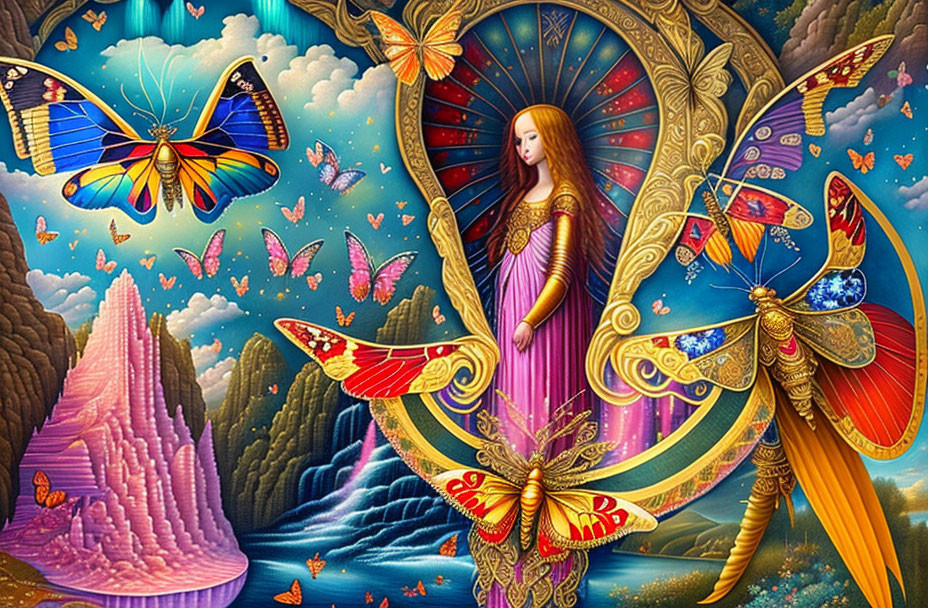 Colorful Fantasy Artwork: Woman with Butterfly Wings in Surreal Landscape