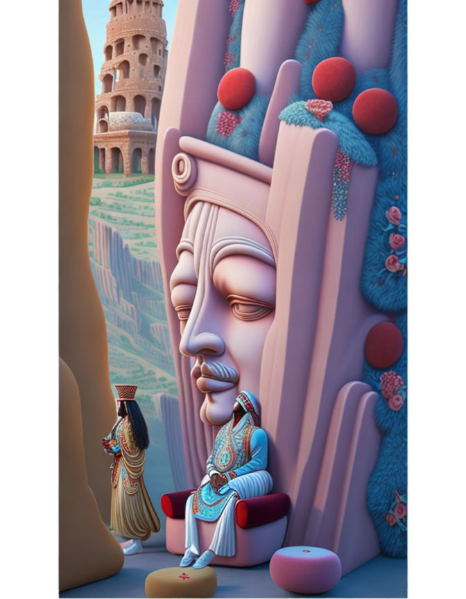 Whimsical 3D illustration of Mayan-like face on pink cliff with figure and castle