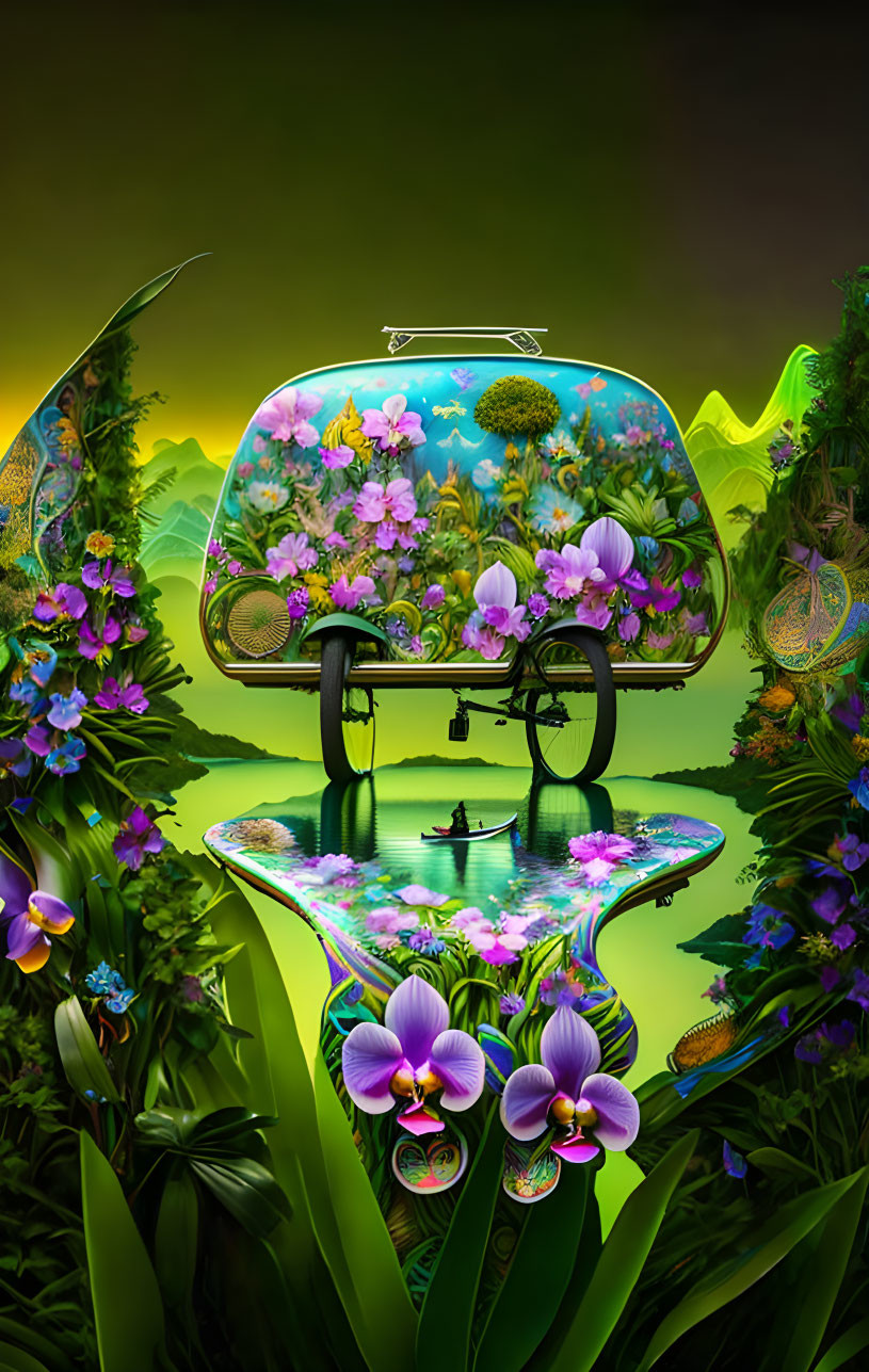 Vibrant floral landscape with floating carriage over water