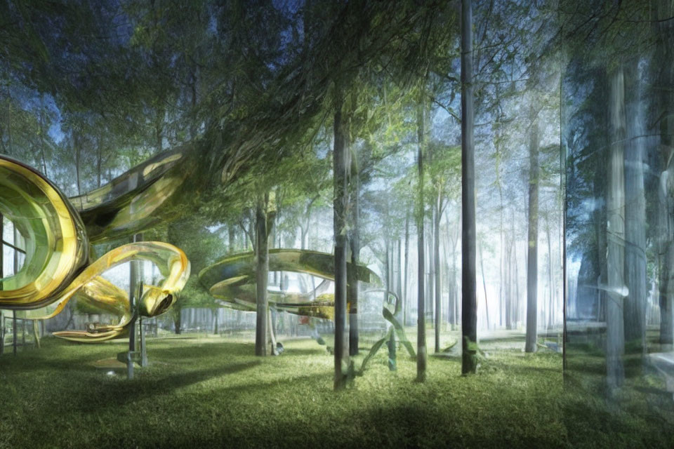 Futuristic forest scene with transparent structures and golden slides