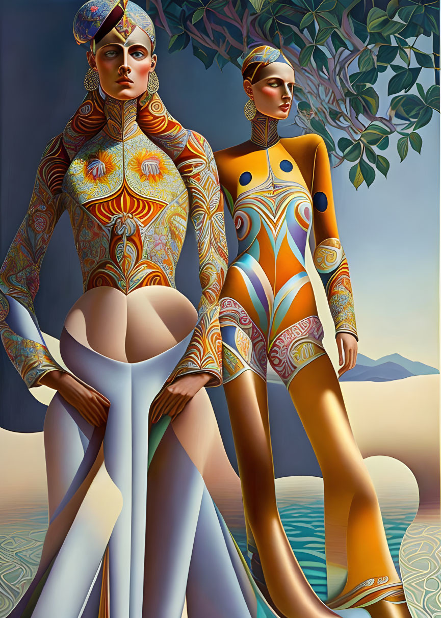 Two Colorful Women in Patterned Bodysuits Against Surreal Landscape