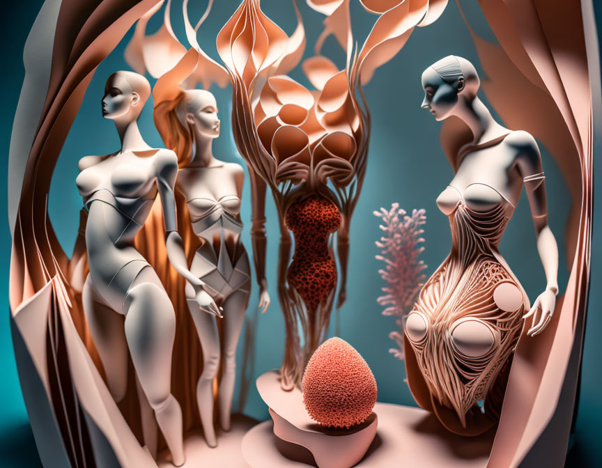 Surreal digital art of stylized female figures in teal and orange.