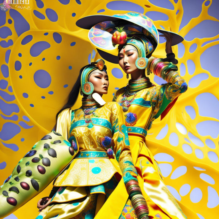 Elaborate Asian-Inspired Outfits on Models Against Vibrant Yellow Backdrop