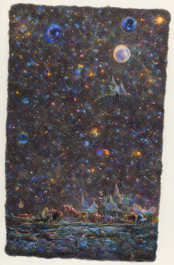 Colorful Fantasy Cosmic Tapestry with Galaxies, Castles, and Creatures