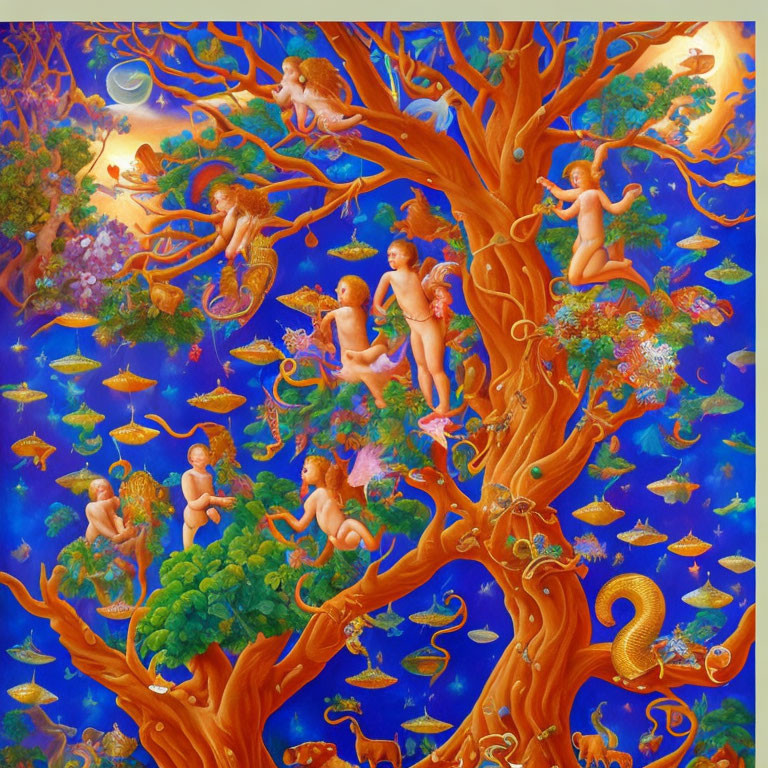 Colorful cherubs in orange tree with floating islands and golden serpent