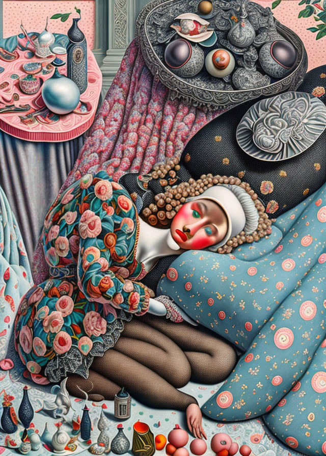 Intricately detailed surreal painting with woman, patterns, eggs, and florals