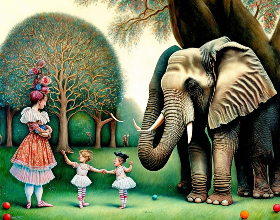 Illustration of young girl, child, and elephant in whimsical landscape