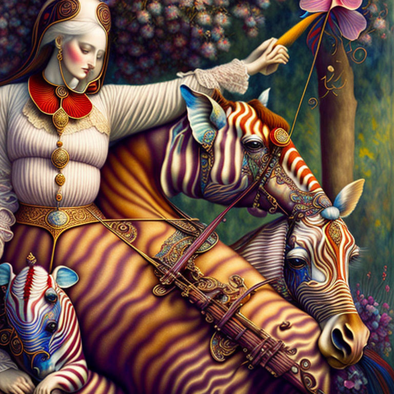 Medieval woman in elaborate dress riding colorful zebra in floral setting