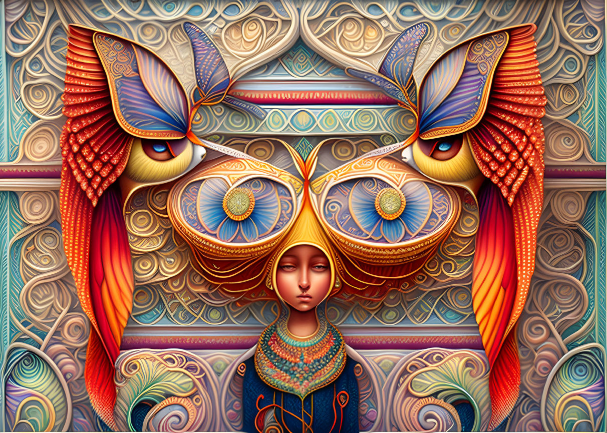 Colorful Illustration of Serene Person with Ornate Owl-Like Eyes